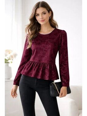 Cupio Blush Burgundy Velvet Peplum Blouse Small Long Sleeve NWT Chest = 19" Leng